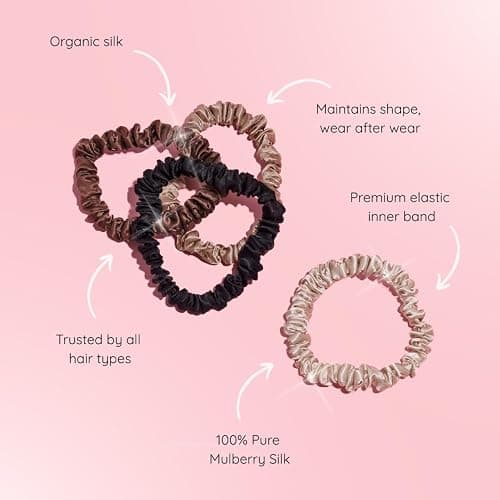 SILKIE x4 Set - Forget Satin - 100% Pure Mulberry Silk Black Brown Skinny Scrunchies Travel Pouch Everyday Hair Ties Elastics Hair Care Ponytail Holder No Damage (Chocolate) thumbnail 2