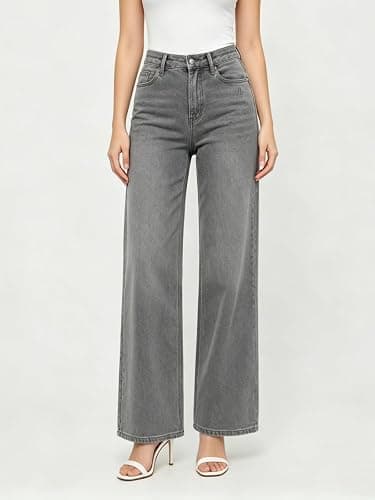 ONESO Mid-Low Rise Baggy Jeans Wide Leg for Women Distressed Pants Stretchy Bottom Lady Basic Comfortable Denim thumbnail 5
