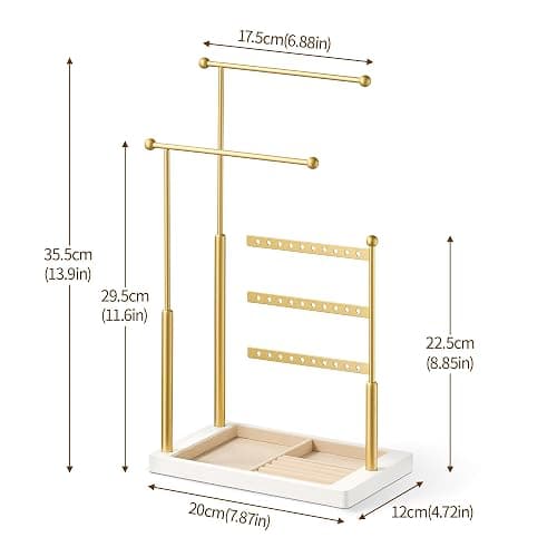 pickpiff Jewelry Organizer Holder Stand: 3 Tier Jewelry Storage Display for Necklace, Bracelet, Earring, Ring, White & Gold thumbnail 3
