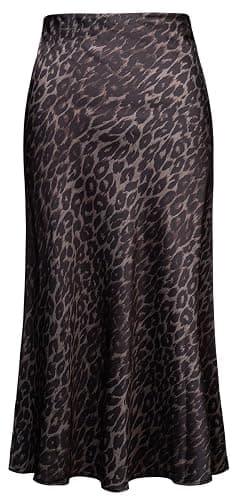 Soowalaoo Womens Leopard Print Skirt Midi Long Length Silk Satin High Waist Elastic Skirts - Image 1