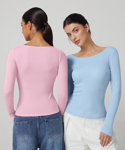 QINSEN Women's Long Sleeve T Shirts Crewneck Tight Fitted Rib Knit Y2k Casual Tee Tops thumbnail 6