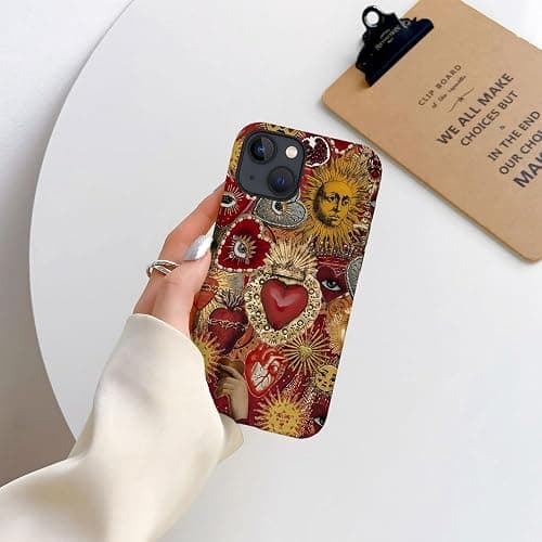 Case Compatible with iPhone 13,Scratch Resistant Hybrid 2-Layer Hard Shell Phone Case,Vintage Sacred Heart Sun Red thumbnail 7