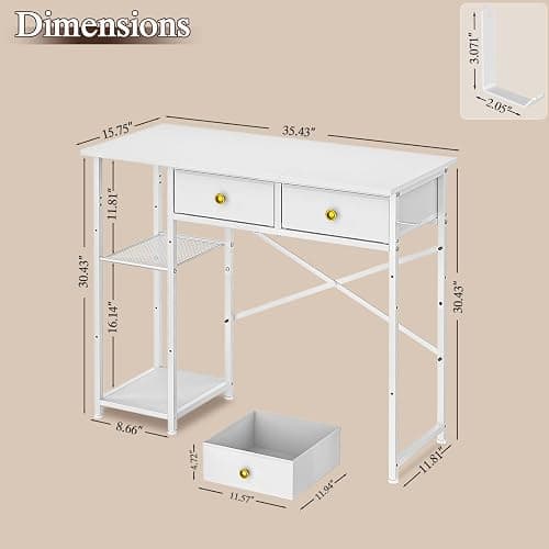 DAOUTIME White Computer Desk, 36 Inch Small Desk with Drawers, Home Office Desk with Storage Shelves for Bedroom, Living Room, Dorm, Vanity Desk for Small Spaces, White thumbnail 2