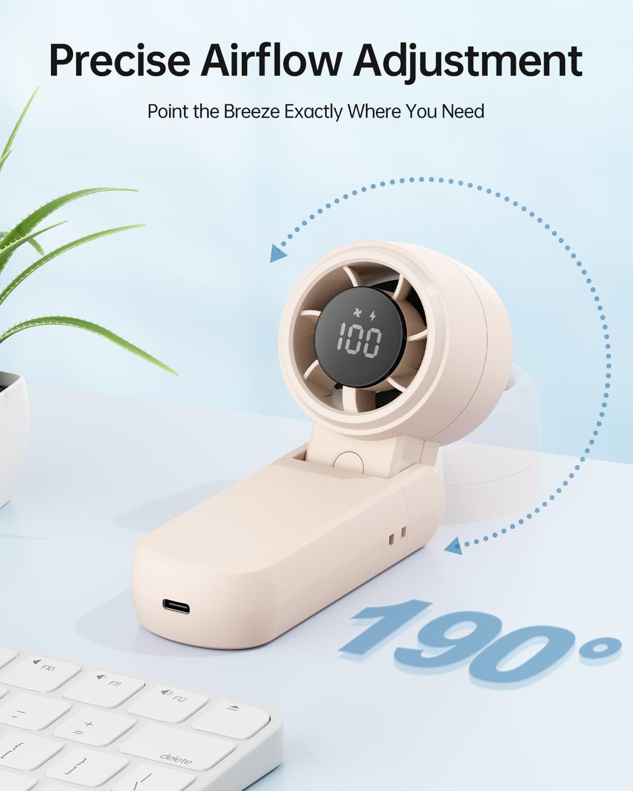 TriPole Portable Handheld Turbo Fan 3-IN-1 Rechargeable Mini Fan, Foldable Neck & Desk Fan with Digital Display, High Speed Personal Cooling Fans for Outdoor, Travel, Camping (Beige) thumbnail 7