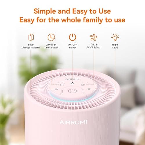 AIRROMI Air Purifier for Bedroom with HEPA 3-in-1 Filter, Pet Air Purifier for Home Cat Pee Smell, Covers Upto 990 Ft², Quiet 360° intake Air Cleaner for pet hair,allergies,Dust,Smoke A2001 Pink thumbnail 3