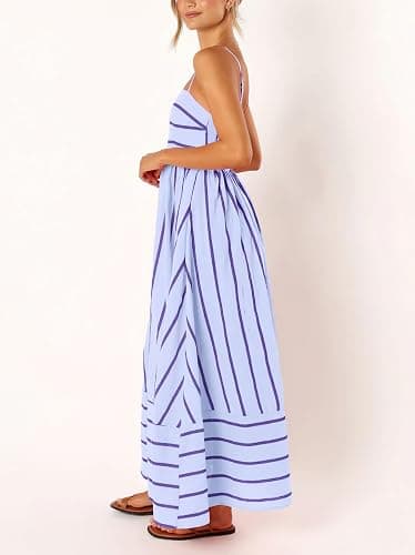 chouyatou Women's Striped Back Smocked Maxi Dress Sexy Spaghetti Strap Cut Out Flowy Swing Long Dress thumbnail 5