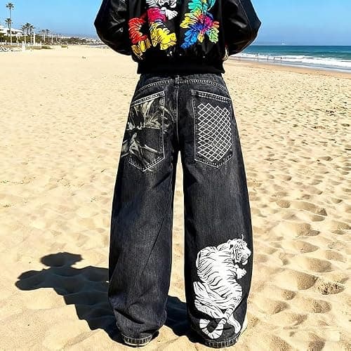 Unisex Y2K Hip Hop Street Jeans Tiger Print Gothic Baggy Jeans Vintage High Waist Denim Jeans Wide Leg Pants thumbnail 3
