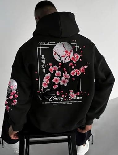 Elyora Mens Fleece Japanese Graphic Hoodies, Fashion Pullover Sweatshirt with Hood, Casual Long Sleeve Fall Winter Streetwear thumbnail 3