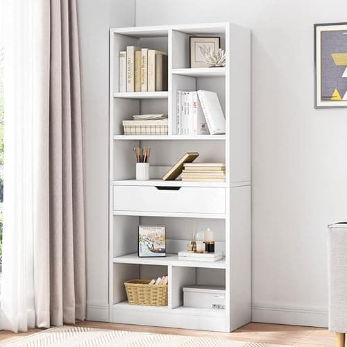 IOTXY Wooden Open Shelf Bookcase - 61" Height Free Standing Display Storage Cabinet Organizer with 8 Cubes and a Drawer, Floorstanding Bookshelf, Warm White thumbnail 2