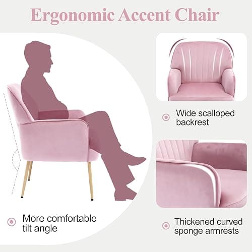 E-Motie Velvet Accent Chair, Modern Upholstered Single Sofa Side Living Room Chair, Comfy Barrel Reading Armchair with Metal Legs for Bedroom, Waiting Room, Office and Cafe, Pink thumbnail 5