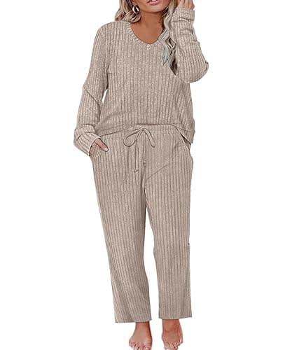 RITERA Womens Plus Size 2 Piece Outfits Lounge Sets Knit Sweatsuit Long Sleeve Pullover Tops Wide Leg Pant Pajama Sets XL-5XL - Khaki - 3X-Large Plus - Image 1