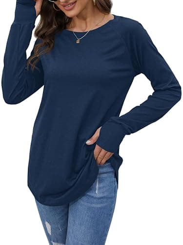 Fisoew Women's Casual Long Sleeve Tops Crew Neck Round Hem Loose T-Shirts Tunic Tops with Thumb Holes thumbnail 4