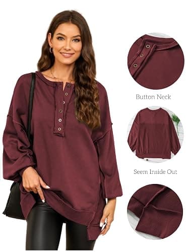 AlvaQ Sweatshirt for Women Oversized Casual Long Sleeve Button Henley Neck Pullover Tunic Tops Fall Fashion Outfits thumbnail 6