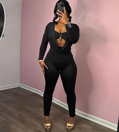 LXUAMR Jumpsuits for Women Sexy Deep V Neck Long Sleeve Jumpsuit Cut Out Bodycon Jumpsuit Going Out Outfits thumbnail 2