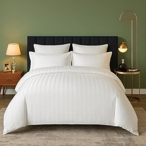 MIA we dress your home Luxury Double Duvet Cover Set - Hotel Quality Satin Stripe White Bedding Set Comforter Quilt Cover With 2 Pillowcases Zip Closure (White, Double) thumbnail 7