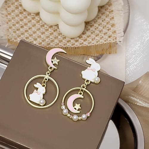 Asymmetric Rabbit Star Moon Earrings,Cute Bunny Pearl Crystal Drop Earring for Women Party Jewelry Gifts thumbnail 7