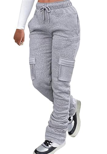 Women Cargo Sweatpants Stacked Pants Warm Fleece Drawstring Waist Casual Joggers Trousers - Image 1