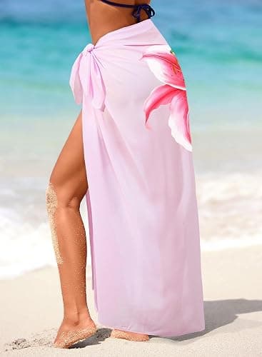 Herseas Women Sheer Sarong High Slit One Size Swimsuit Coverups 2026 Summer Floral Print Chiffon Wraps Beach Cover Up thumbnail 3