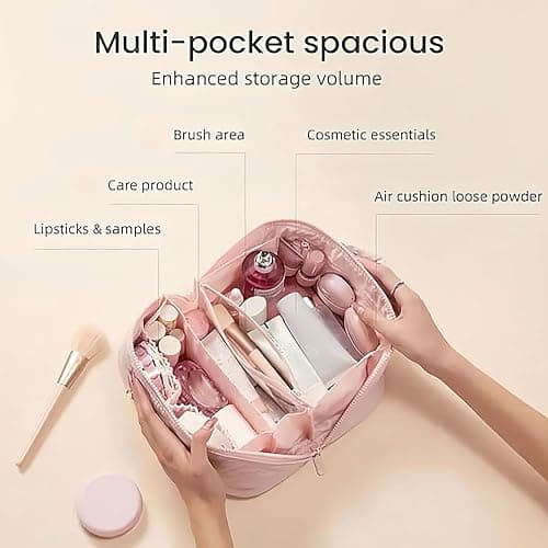 YUMEYPLEMI Petition Makeup Bag, Travel Makeup Bag Quilted for Woman, Wide Open Lay-Flat Water-Resistant Cosmetic Bag (Pink) thumbnail 3