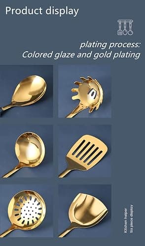 AQUAX Stainless Steel kitchenware seven Pieces Set (White Gold).Cooking Utensils 7 pcs Set with hanging shelf .Include Slotted Spoon, Slotted Spatula, Large Spoon, Soup Ladle, Spatula, Pasta spoon. thumbnail 9