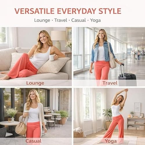 Coral Foldover Pants, Wide Leg High Fold Over Waist Palazzo Pant, Corals Pants Fold Over Yoga thumbnail 6