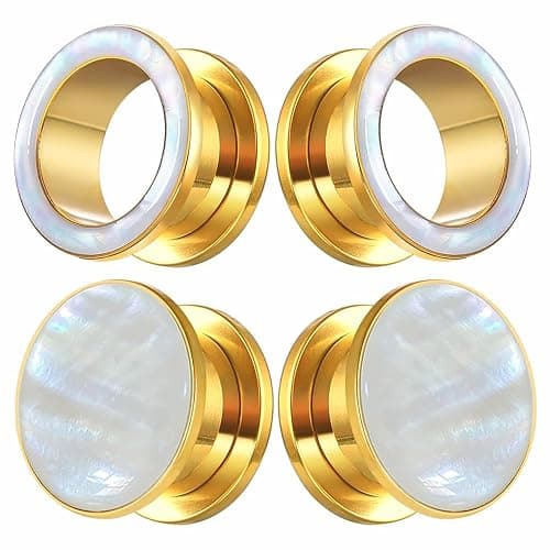 BOKABOO 2 Pairs White Pearl Shell Stainless Steel Ear Gauges Plugs and Tunnels, Size 2g - 1 inch Hypoallergenic Surgical Steel Ear Stretcher Expander Body Jewelry - Image 1