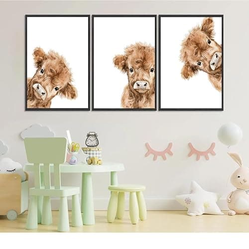 3Pcs Highland Cow Baby Canvas Wall Art Brown Peeping Highland Cattle Wall Decor Pictures Cute and Funny Animals Posters Prints for Nursery Children's Room Bathroom Artwork Home Decoration Unframed thumbnail 2