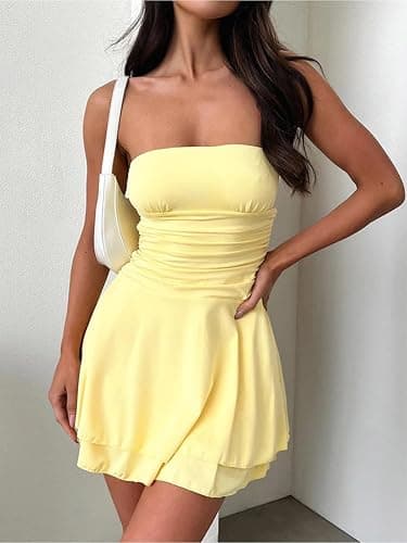 YBSKG Women Sexy Tube Top Silk Dress Strapless Ruched Waist Ruffle Tiered Layer Mini Dress Party Short Dresses thumbnail 4