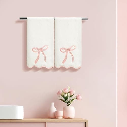 Fanfanwin 2 Pcs White Bow Scalloped Hand Towels for Bathroom 26 x 13 Inch | Soft Embroidery Farmhouse Bath Towels 100% Cotton Absorbent Boho Coquette Bath Decor for Kitchen Bathroom thumbnail 2