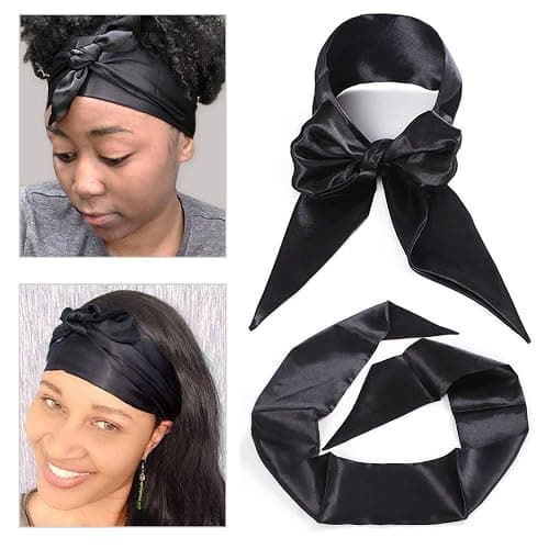 Leeven 2 Pcs Silky Satin Edge Scarves Black 4.5"x56" Wig Grip Band | Satin Headband For Lace Front Wigs,Non Slip Hair Wrap,Satin Edge Laying Scarf,For Makeup,Facial,Sport,Yoga,Bag Hat Decoration - Image 1
