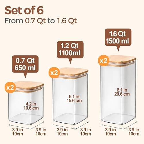 ComSaf Airtight Glass Storage Canister with Lids (0.7Qt/1.2Qt/1.6Qt) Set of 6, Food Storage Container Kitchen Pantry Storage Jar, Glass Jars for Flour Cereal Sugar Tea Coffee Beans Snacks, Square thumbnail 3