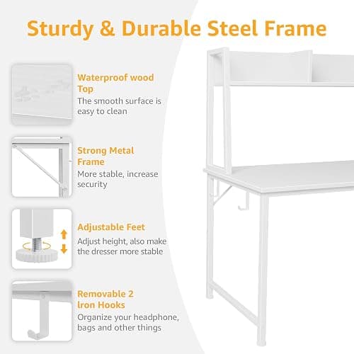 White Computer Desk with Hutch & Drawers - Office Desk with 3 Storage Drawers and Power Outlets, 47 Inch Modern Study Writing Desk for Bedroom Home Office - White - 47.2" thumbnail 5