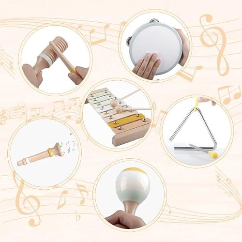 Baby Musical Instruments-Montessori Wooden Toys for Toddlers 1-3,Neutral Colors Percussion Instruments Set with Modern Boho Xylophone for Kids Preschool Educational 3+ thumbnail 4