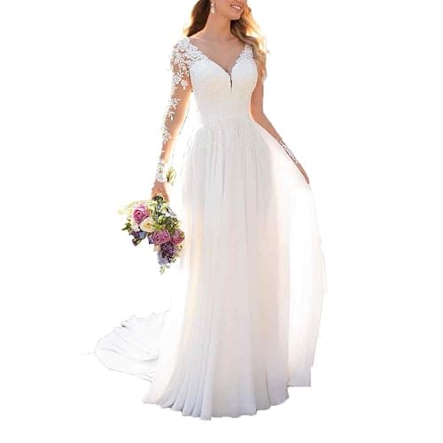 Findlovewedding Wedding Dresses for Bride with Lace Appliques Chiffon A Line Women Dress Long Sleeves Beach Bride Dress - Image 1