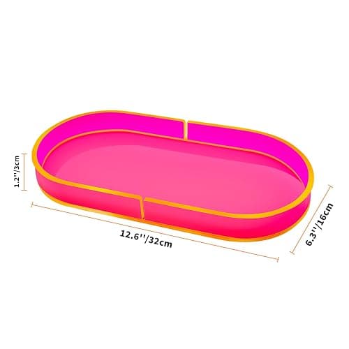 Acrylic Decorative Vanity Tray Perfume Jewelry Trinket Tray for Bathroom Counter Soap Toilet Tank Sink Small Candle Catch All Organizer, 12.6x6.3 Inches, Neon Pink thumbnail 3