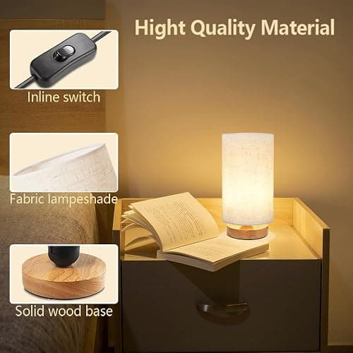 Small Bedside Table Lamp for Bedroom, Minimalist Wood Base & Round Fabric Shade, Mini Cute Cozy Warm White Nightstand Boho Lamp, Study Desk Night Stand Light for Room, Dorm, Nursery, Living Room thumbnail 6