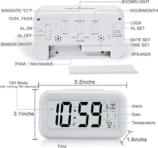 KAIJIELY Upgraded Digital Alarm Clock, 4.3" LED Display with Temperature Larger Lound Light Control Portable Snooze Calendar Brightness with Battery Powered Alarm Clocks Bedside for Everyone (White) thumbnail 2