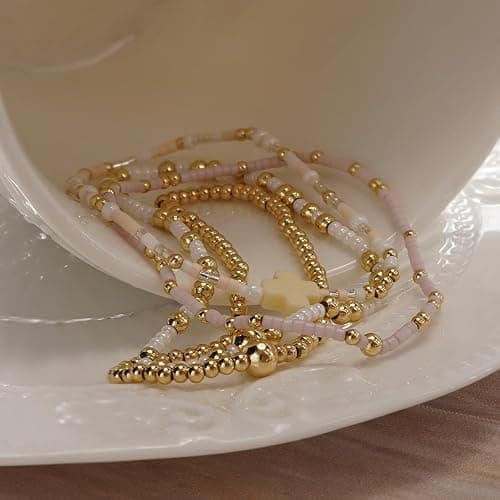 EQUBIO Gold Beaded Bracelet for Women，14K Plated Stackable Beaded Bracelet Set，Handmade Adjustable Waterproof Beaded Jewelry，Fashion Jewelry Set Gifts for Women Birthday Friendship thumbnail 7