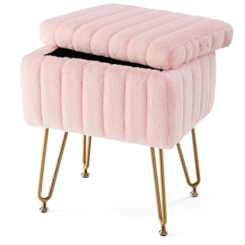 Sweetcrispy Vanity Stool Chair with Storage, 18.9”H x 16”L x 12.2”W Ottoman Chair Faux Fur Soft Padded Makeup Footstools Seat with 4 Metal Legs Anti-Slip Adjustable Feet for Make Up, Pastel-Pink - Image 1
