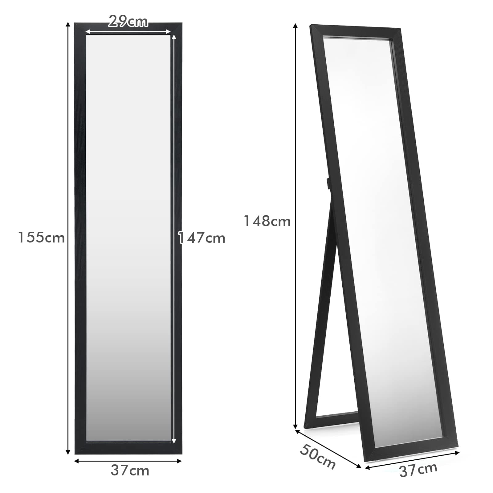 Giantex Full-Length Wood Mirror, Standing Mirror & Wall Mirror, Country House Style Cloakroom Mirror w/Wooden Frame, Free-Standing, for Bedroom, Living Room, Clothing Store (Black) thumbnail 5
