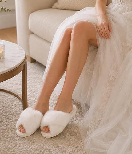 Evshine Memory Foam Fuzzy House Slippers for Women | Faux Fur Cross Band Open Toe Indoor Slippers, Gifts for Women, Moms and Bridesmaids thumbnail 3