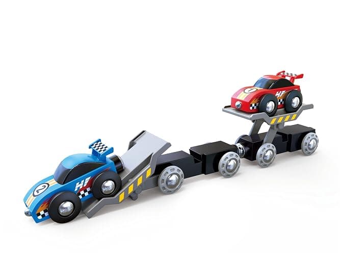 Hape Race Car Transporter | Six-Piece Wooden Toy Train Car Transport Set for Kids thumbnail 5