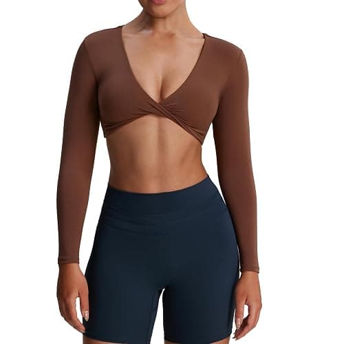 Aoxjox Long Sleeve Crop Tops for Women Sienna Twist Deep V Workout Cropped T Shirt Top - Image 1