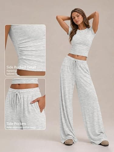 Trendy Queen Women's 2 Piece Matching Summer Lounge Set with Pockets | Vacation Airport Travel Outfits, Workout Gym Clothing Comfy Athleisure Clothes, Side-ruched Top, Drawstring Wide Leg Pants thumbnail 5