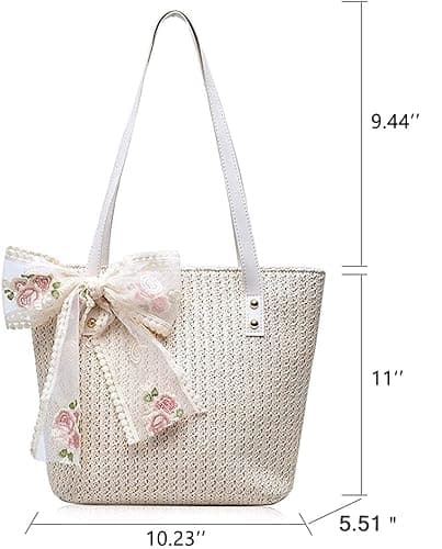 QTKJ Women Large Straw Beach Tote Bag Summer Hand-woven Bags Shoulder Bag Leather Handle Beach Handbags with Cute Lace Bow Small (White) thumbnail 2