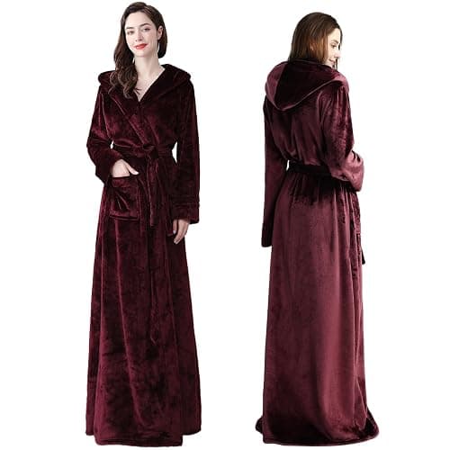 Oksun Womens Long Fleece Robe: Floor Length Flannel Hooded Bathrobe, Plush Warm Winter Housecoat, Fluffy Soft Cozy Nightgown - Image 1