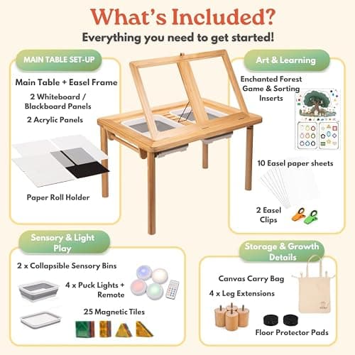 Mama Bear Educational Montessori Sensory Table & Art Easel for Kids & Toddlers | Folding Extendable Legs & Storage Bins, Magnetic Boards & Tiles, Light Box Included | Space-Saving Indoor/Outdoor Play thumbnail 8