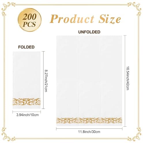 Goodluck 200-Pack Linen-Feel Disposable Guest Towels – Soft and Absorbent Paper Hand Towels for Bathroom or Kitchen – Elegant White Napkins with Gold Design for Parties, Weddings, Dinners Events thumbnail 3