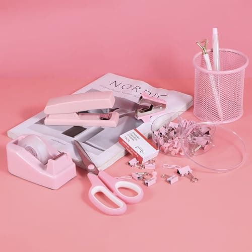 Pink Desk Accessories, Pink Office Supplies Set with Stapler, Tape Dispenser, Staple Remover, Pen Holder, Scissor, Binder/Paper Clips, Ballpoint Pen, Clear Tape and 1000pcs Staples thumbnail 2
