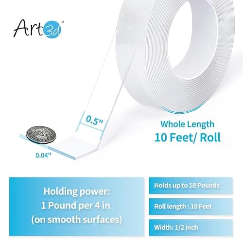 Art3d Double-Sided Mounting Tape (10FT), Multipurpose Removable Adhesive Foam Tape, Transparent, Household thumbnail 2